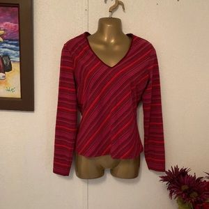 Express Women Medium Pink Stripes Long Sleeve V Neck